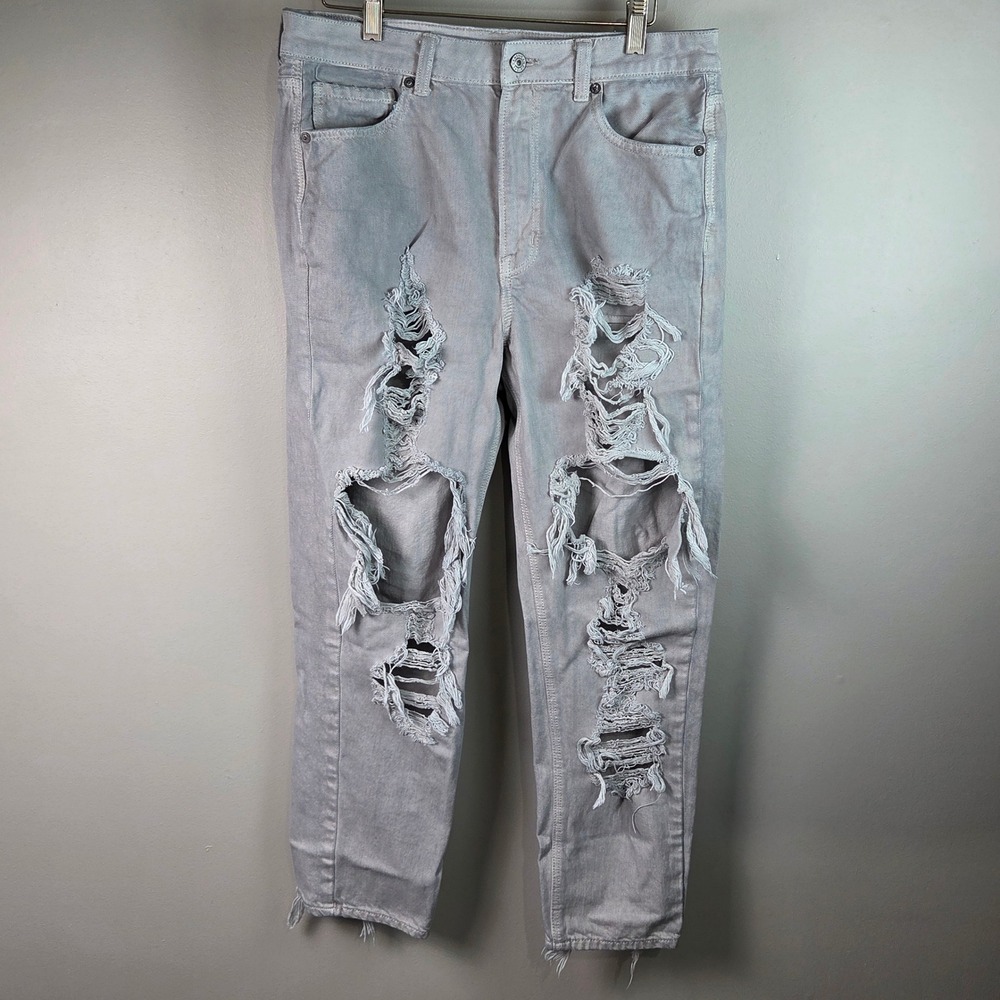American Eagle Mom Jeans Womens 12 Gray Distressed Ripped‎ High Waist